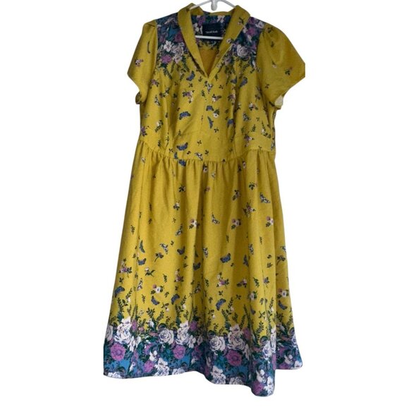 ModCloth Yellow Blue Roses Floral Lively Identity Mod Housewife A-Line Dress 1X - Picture 1 of 7